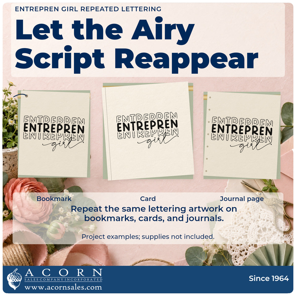 Three project examples made with the Girl Script With Repeated Outlined Letters Pre-Inked Stamp – PSI, including curation plan sheet.