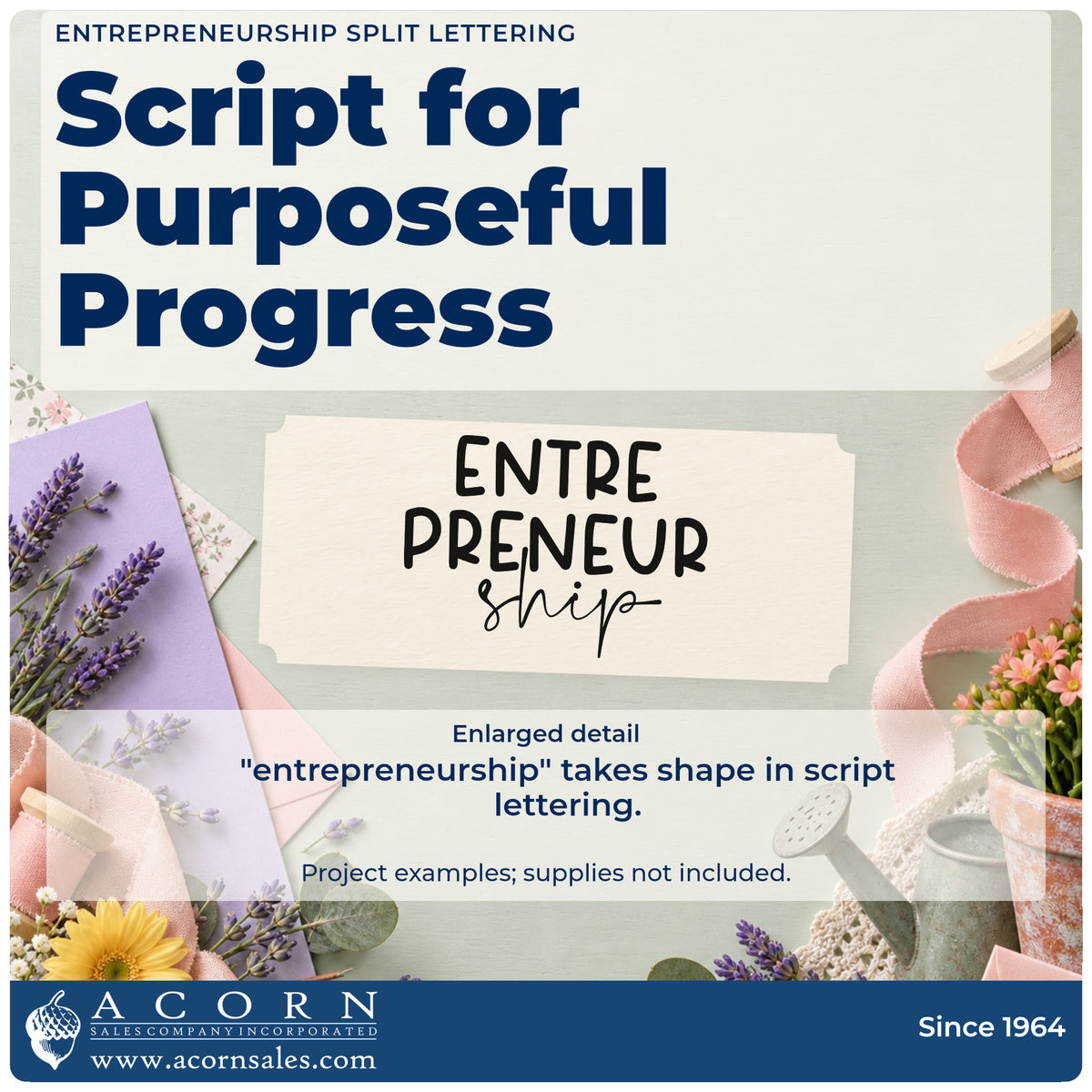 Enlarged detail of the Entrepreneurship Split Lettering Rubber Stamp – Wood Handle imprint. The word "entrepreneurship" is broken across three lines with capitals above a script "ship."