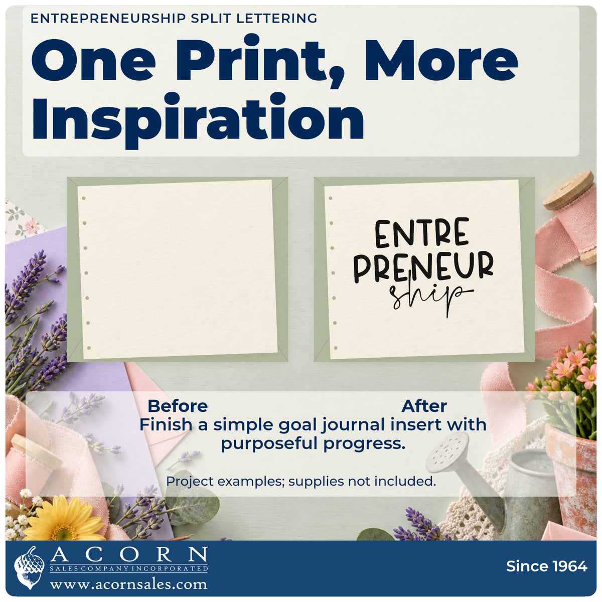 Before and after of a plain item finished with the Entrepreneurship Split Lettering Slim Pre-Inked Stamp, a quick upgrade for framed loading door.