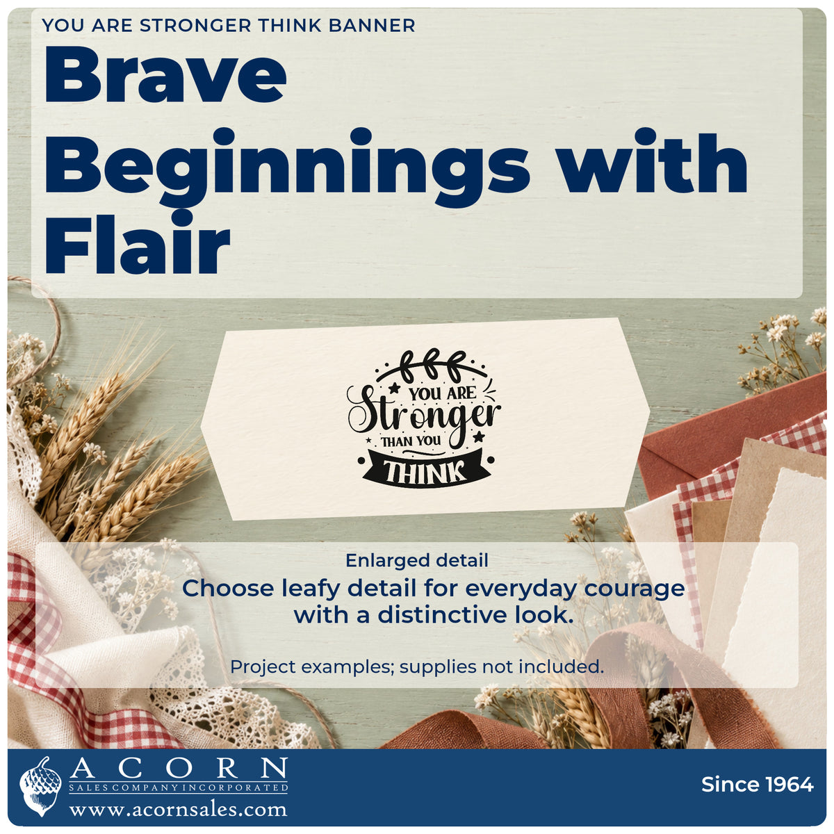 Enlarged detail of the You Are Stronger Than You Think Wood Handle Stamp imprint. The phrase "You are stronger than you think" includes a leafy top flourish, stars, dots, and a curved banner.