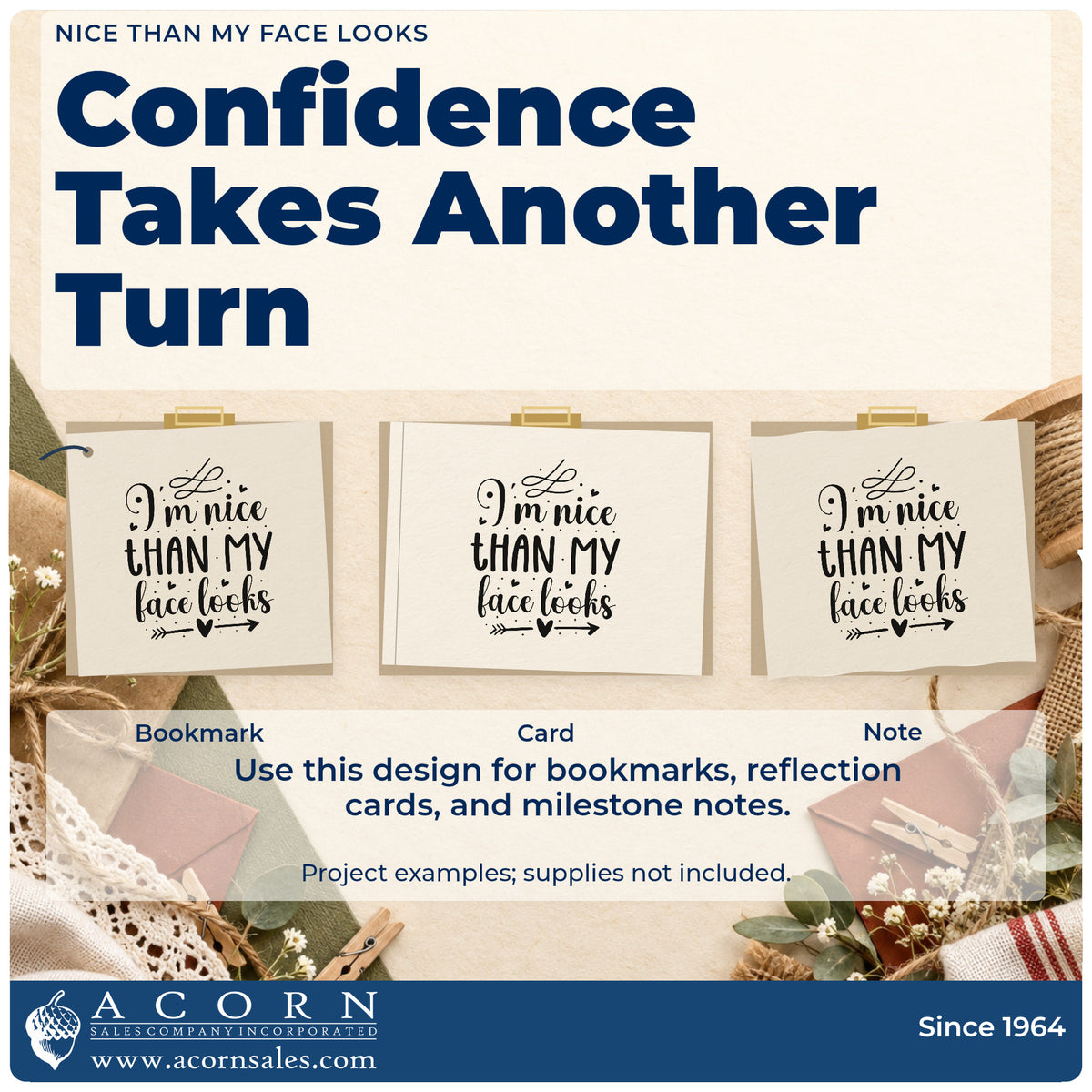 Three project examples made with the Nice Than My Face Looks Stamp – Self-Inking, including booth pack sheet.