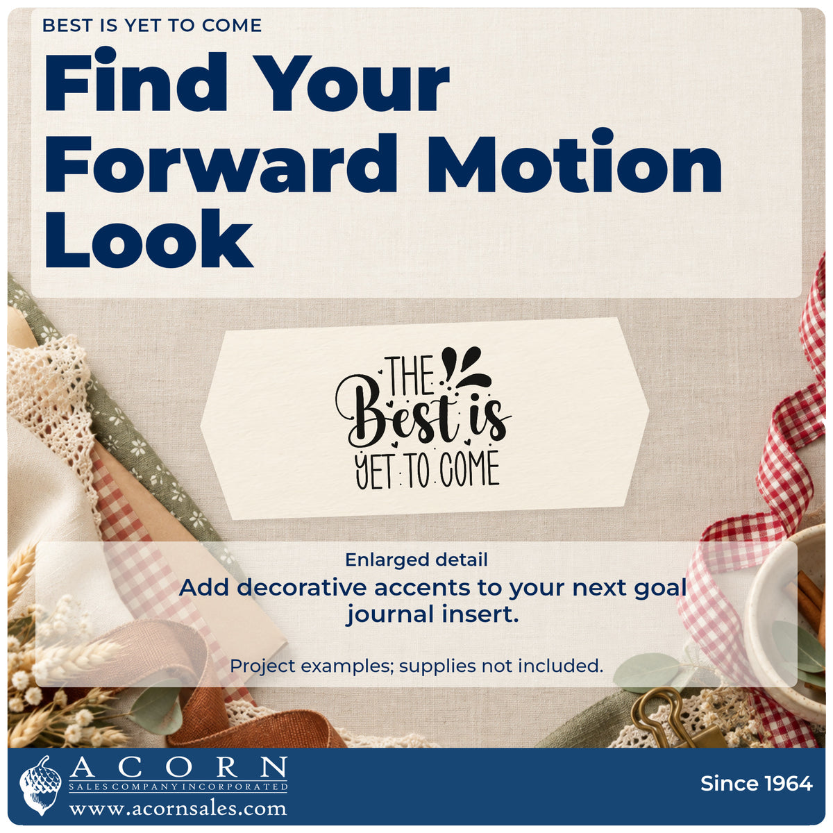 Enlarged detail of the The Best Is Yet To Come Pre-Inked Stamp – PSI imprint. The phrase "The best is yet to come" appears in mixed lettering with hearts, dots, and large splash accents.