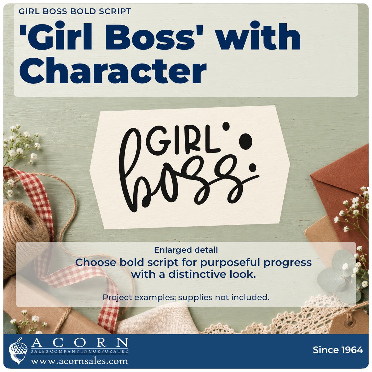 Enlarged detail of the Girl Boss Craft Stamp – Self-Inking imprint. The words "Girl boss" appear in plain capitals and oversized brush script with solid dots.