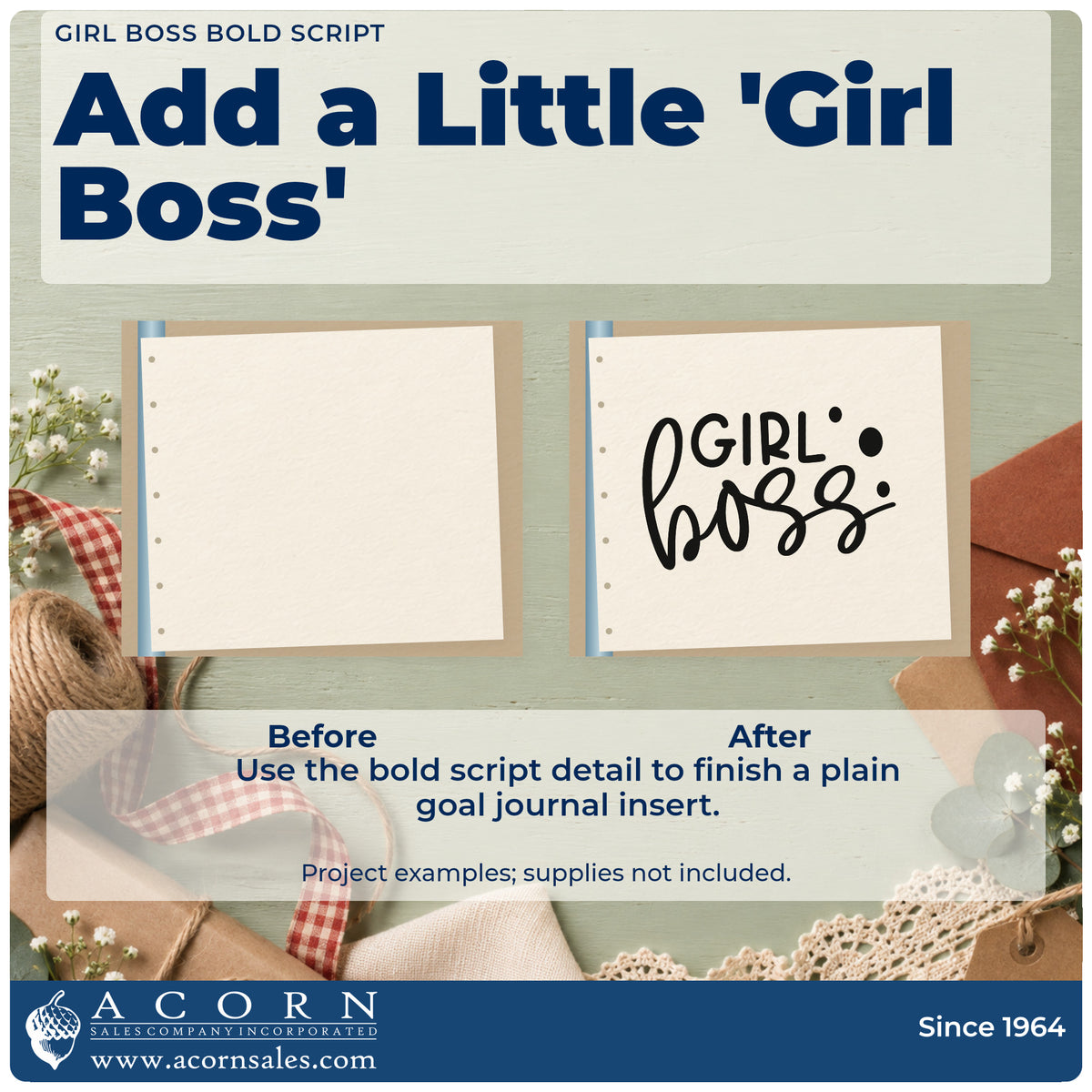 Before and after of a plain item finished with the Pre-Inked Girl Boss Stamp – PSI, a quick upgrade for framed van bay.