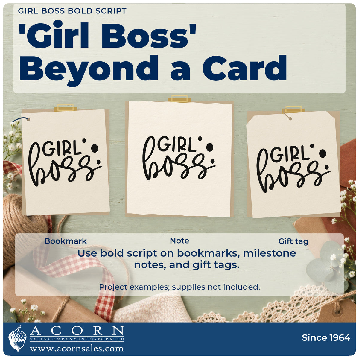 Three project examples made with the Girl Boss Craft Stamp – Self-Inking, including route day sheet.