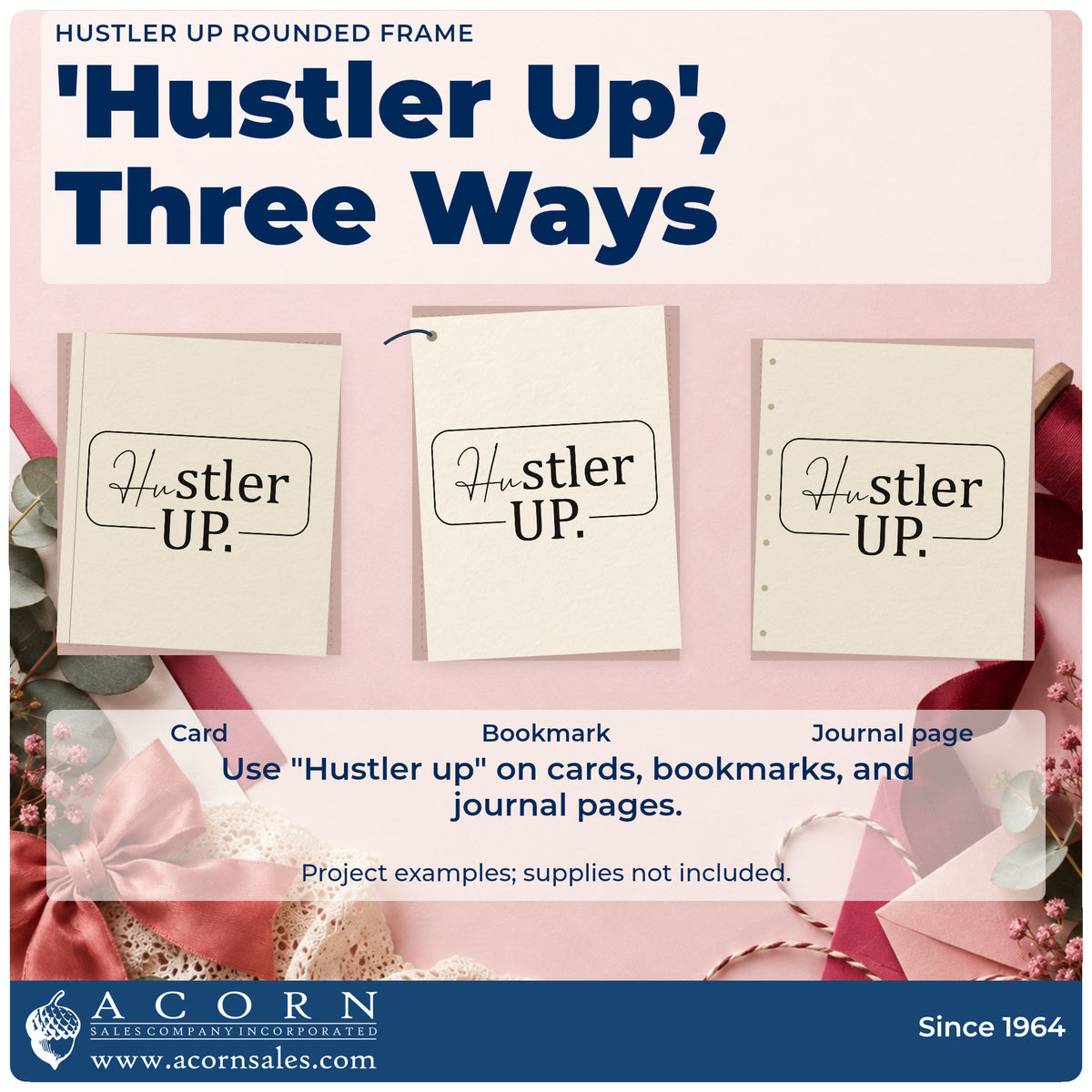 Three project examples made with the Hustler Up Rounded Framed Lettering Stamp – Self-Inking, including booking day sheet.