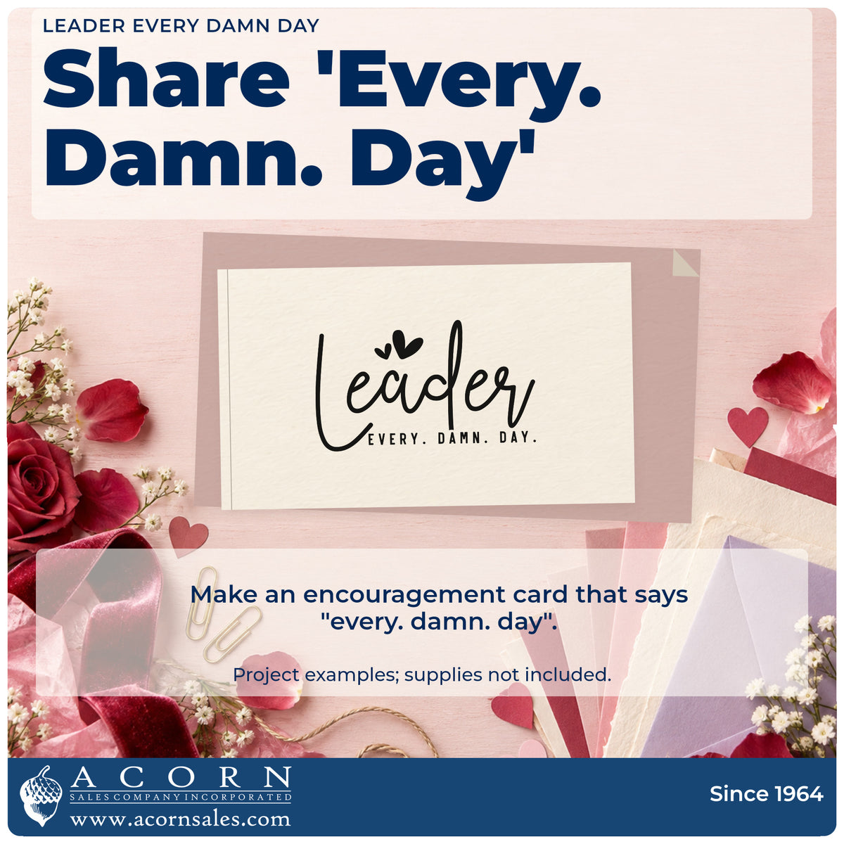 A finished handmade project stamped with the Leader Every Damn Day With Hearts Premium Wooden Stamp – Vintage Pro, ideal for program year album page.
