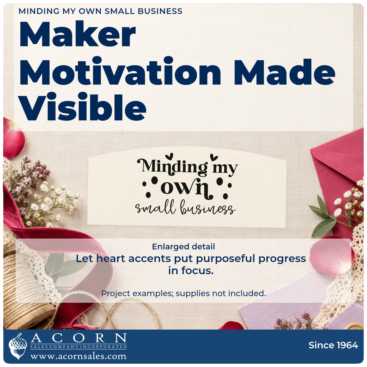 Enlarged detail of the Minding My Own Small Business With Hearts Stamp – Premium Vintage Pro Wooden imprint. The phrase "Minding my own small business" appears with small hearts and dots.