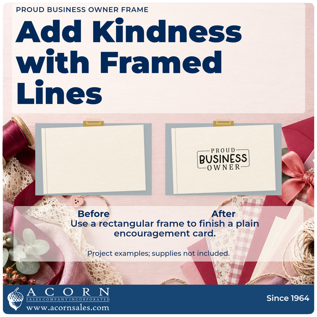 Before and after of a plain item finished with the Proud Business Owner Frame Self-Inking Stamp, a quick upgrade for framed register wall.