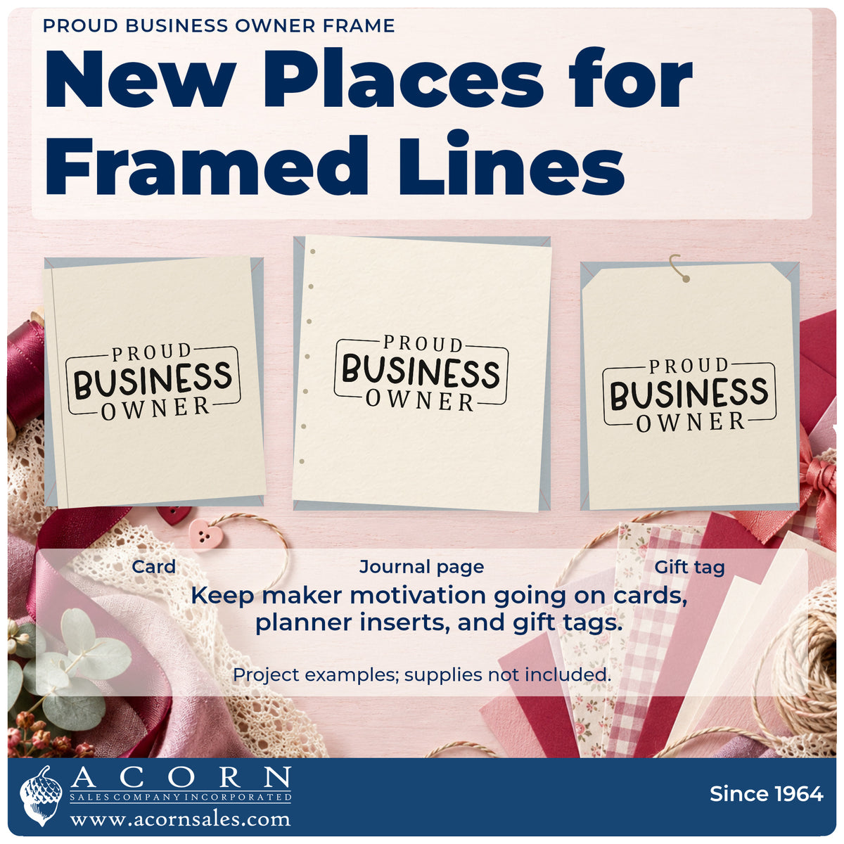 Three project examples made with the Proud Business Owner Frame Slim Pre-Inked Stamp, including reorder plan sheet.