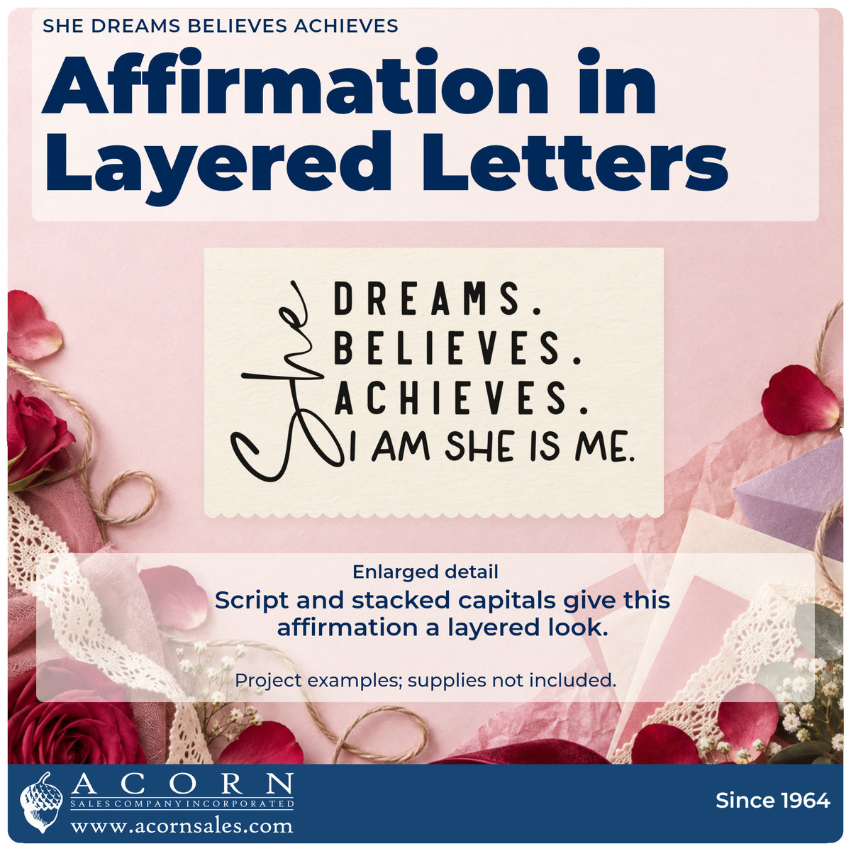 Enlarged detail of the She Dreams Believes Achieves Hand Stamp – Duo imprint. The words "She dreams. believes. achieves. I am she is me." combine vertical script and stacked capitals.
