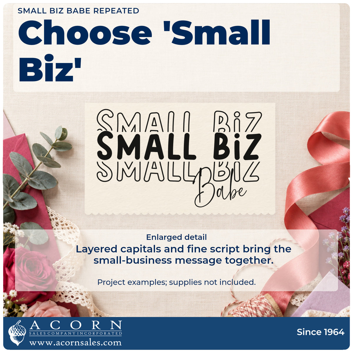 Enlarged detail of the Small Biz Babe Repeated Self-Inking Stamp imprint. The words "Small biz" repeat in outlined and solid rows above the script word "babe."