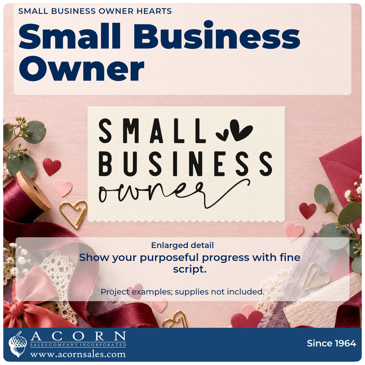 Enlarged detail of the Small Business Owner Rubber Stamp – Wood Handle imprint. The words "Small business owner" combine spaced capitals and thin script with three hearts.