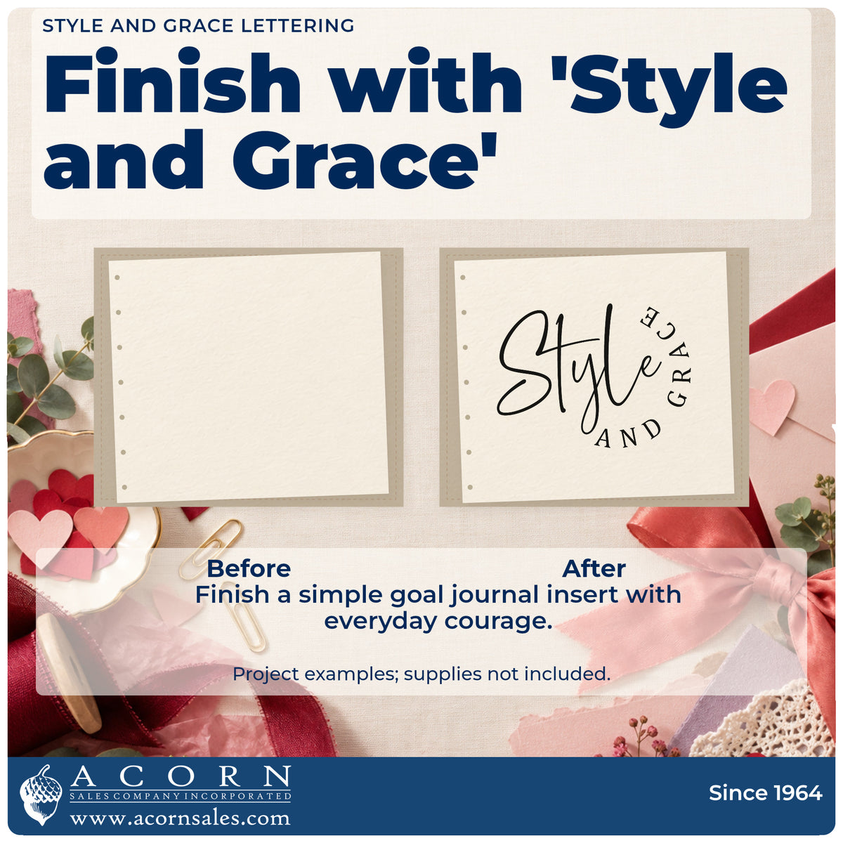Before and after of a plain item finished with the Style And Grace Stamp – Self-Inking, a quick upgrade for framed studio table.