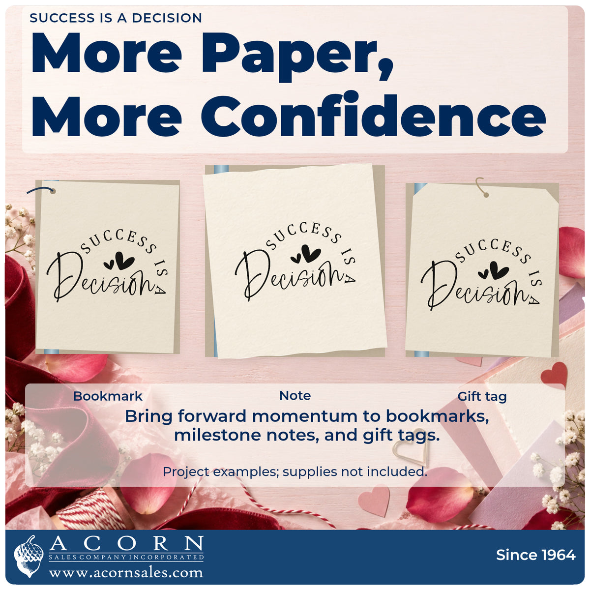 Three project examples made with the Success Is A Decision With Hearts Rubber Stamp – Duo Hand, including session plan sheet.