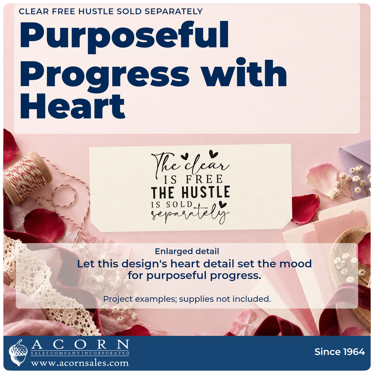 Enlarged detail of the Hustle Sold Separately Heart Word Art PSI Pre-Inked Stamp imprint. The visible phrase "The clear is free the hustle is sold separately" appears in mixed script and capitals with hearts.