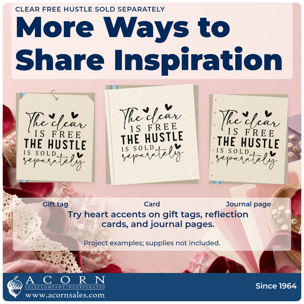 Three project examples made with the Hustle Sold Separately Heart Word Art Pre-Inked Stamp – Slim, including session book sheet.
