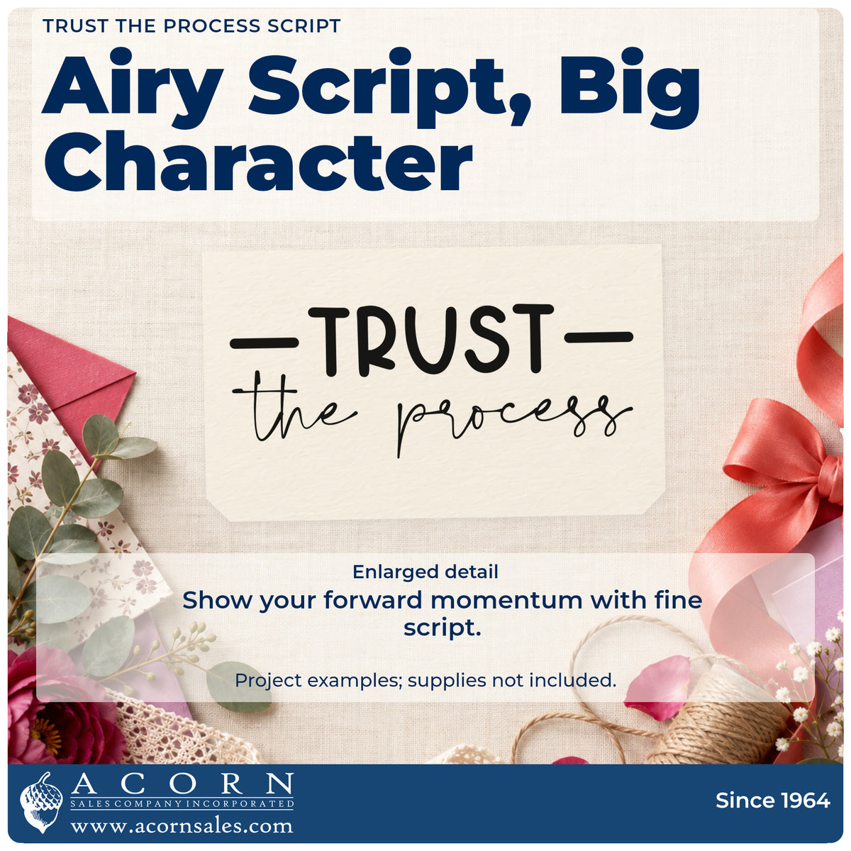 Enlarged detail of the Trust The Process Script Pre-Inked Stamp – PSI imprint. The words "Trust the process" appear in capitals and thin script with short horizontal lines.