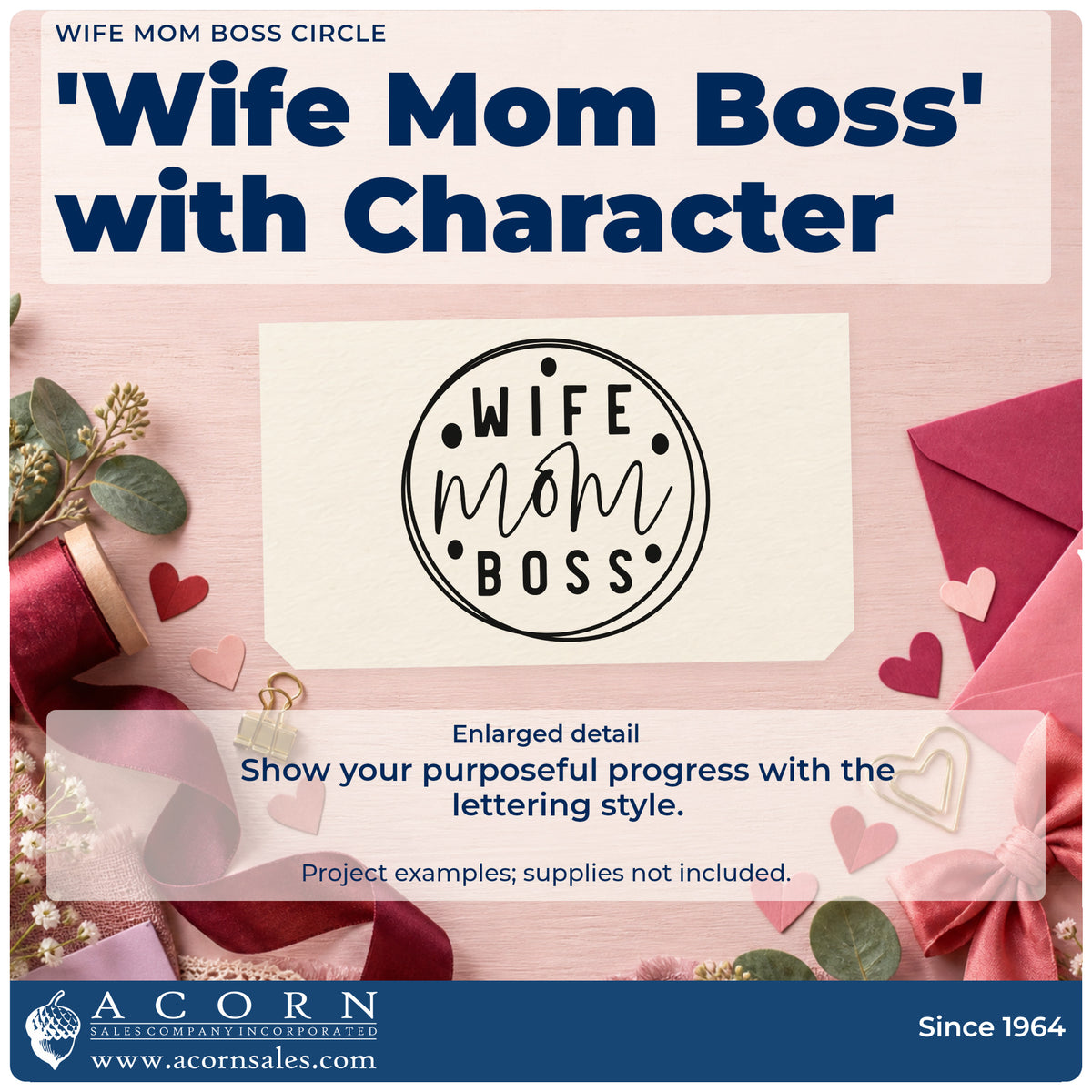 Enlarged detail of the Premium Wooden Wife Mom Boss Stamp – Vintage Pro imprint. The words "Wife mom boss" appear inside a double circular border with solid dots.