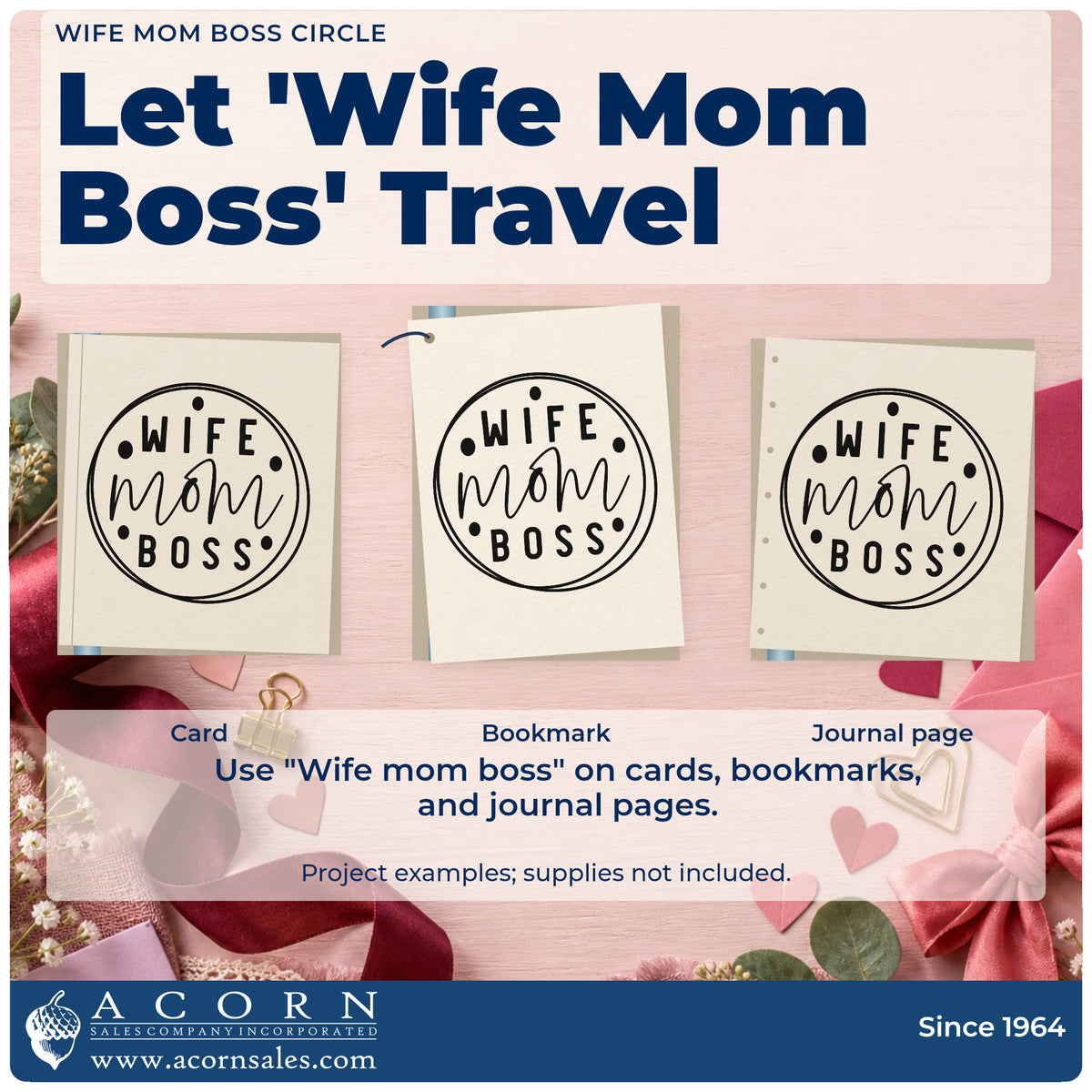 Three project examples made with the Premium Wooden Wife Mom Boss Stamp – Vintage Pro, including order queue sheet.