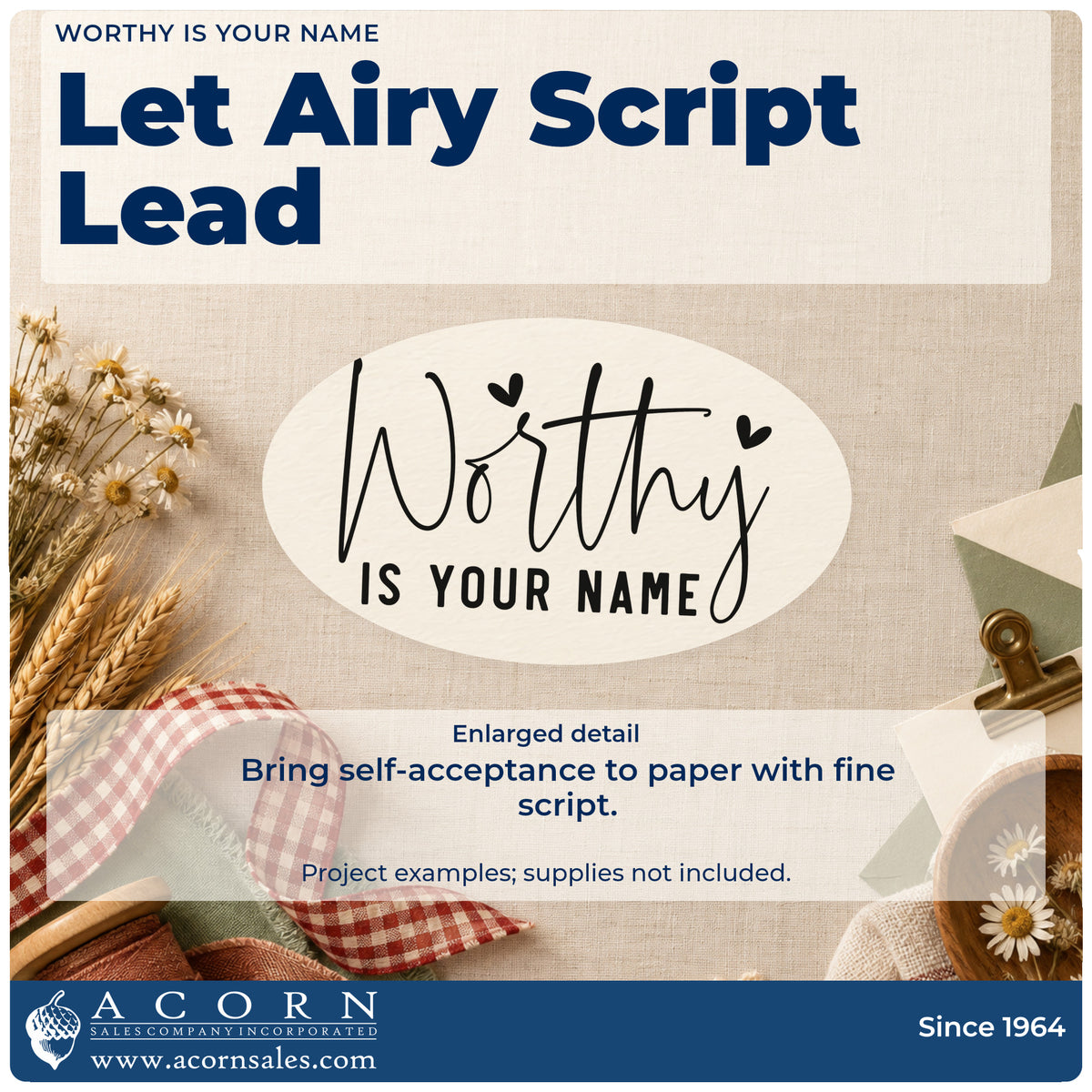 Enlarged detail of the Worthy Is Your Name Self-Inking Stamp imprint. The phrase "Worthy is your name" combines large thin script and small bold capitals with hearts.