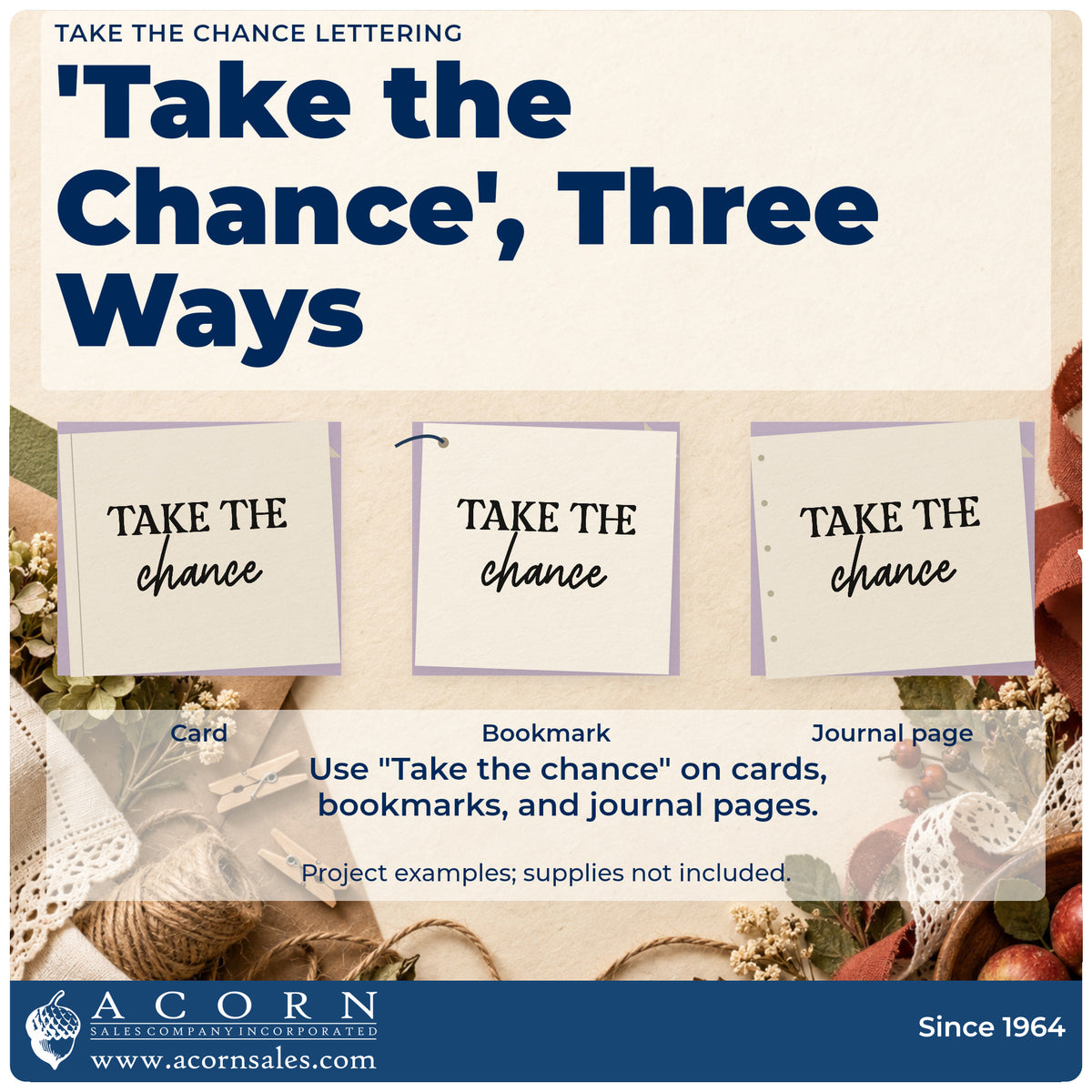 Three project examples made with the Take The Chance Lettering Rubber Stamp – Duo Hand, including episode plan sheet.