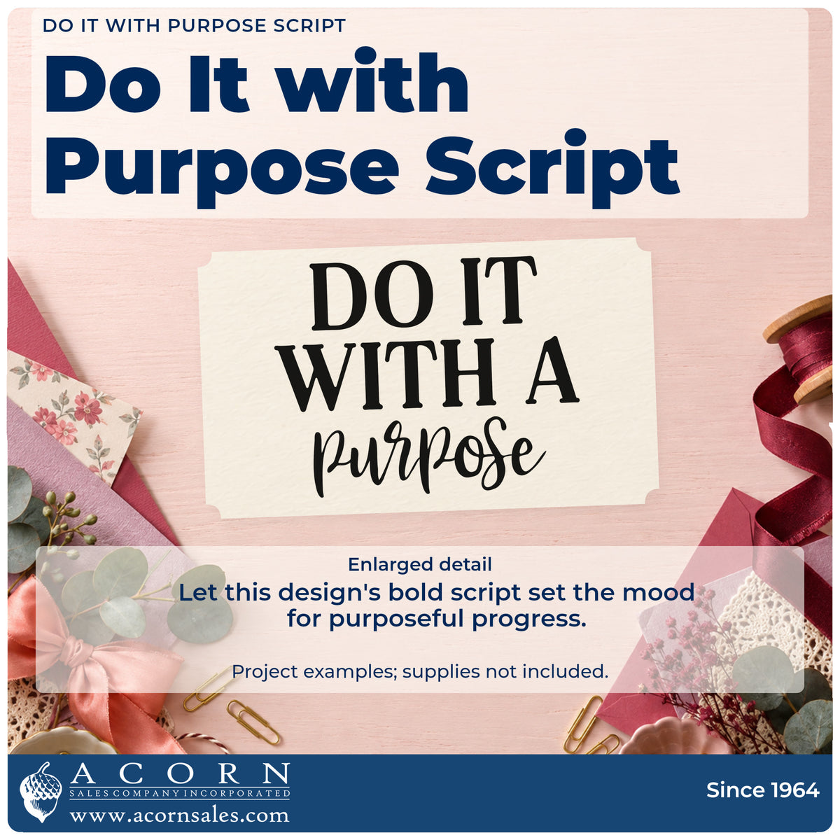 Enlarged detail of the Do It With A Purpose Wood Handle Stamp imprint. The words "Do it with a purpose" appear in bold serif capitals above a flowing script word.