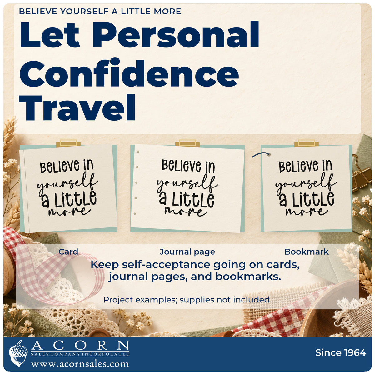 Three project examples made with the Believe In Yourself A Little More Rubber Stamp – Duo Hand, including talk outline sheet.
