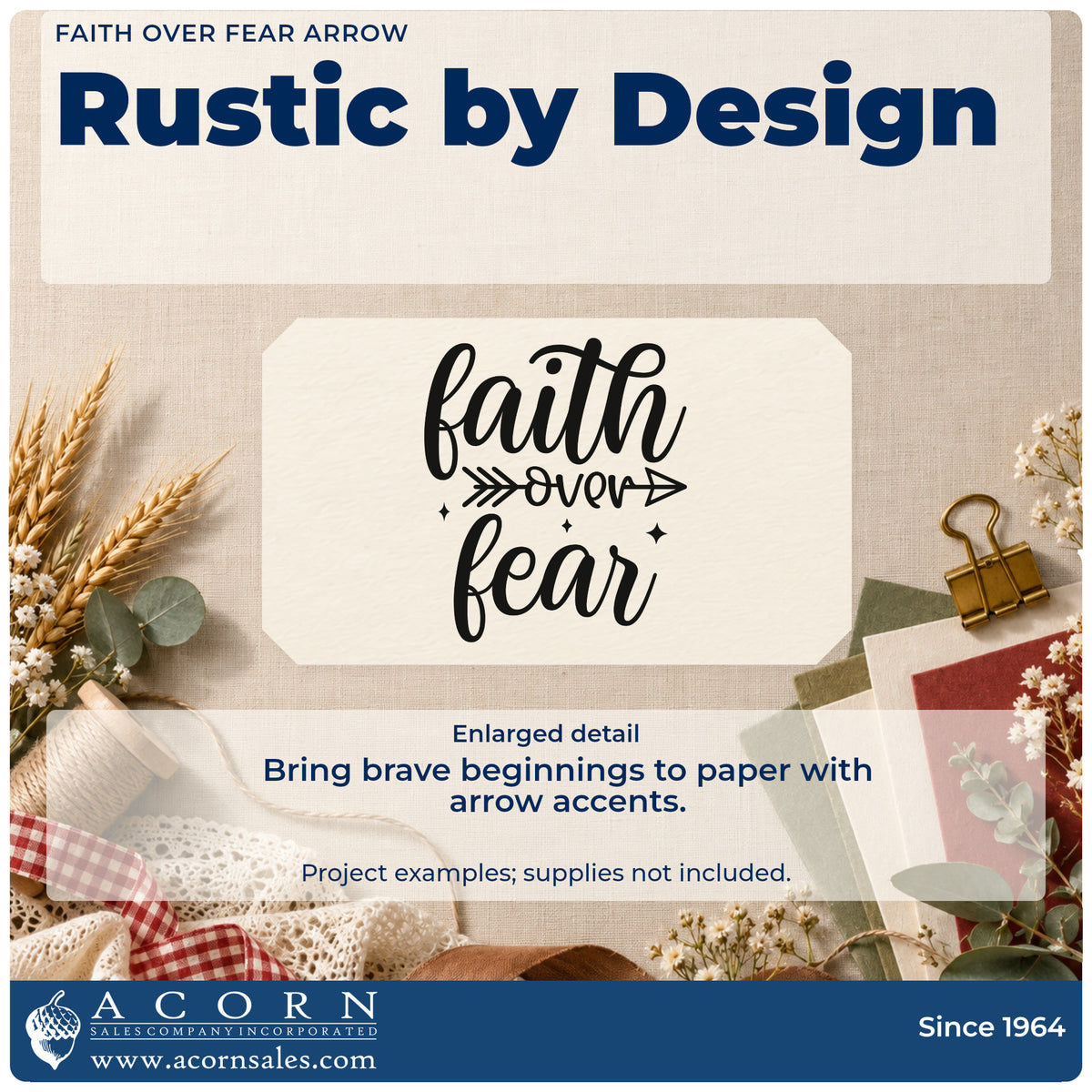Enlarged detail of the Faith Over Fear Arrow Slim Pre-Inked Stamp imprint. The words "faith over fear" appear in bold script with an arrow through "over" and small sparkles.