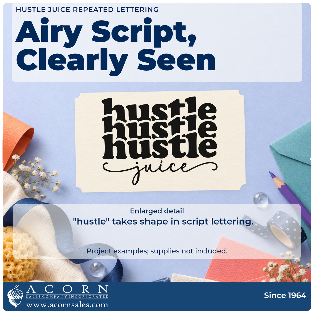 Enlarged detail of the Hustle Juice Repeated Lettering Stamp – PSI Pre-Inked imprint. The word "hustle" repeats in three heavy rows above a thin script "juice" with flourishes.
