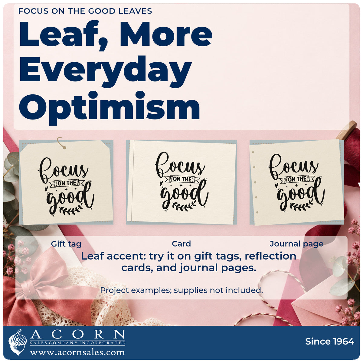Three project examples made with the Focus On The Good Botanical Sprig PSI Pre-Inked Stamp, including activity plan sheet.