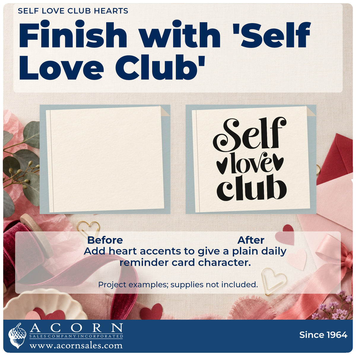 Before and after of a plain item finished with the Self Love Club Hearts Rubber Stamp – Duo Hand, a quick upgrade for framed bathroom shelf.