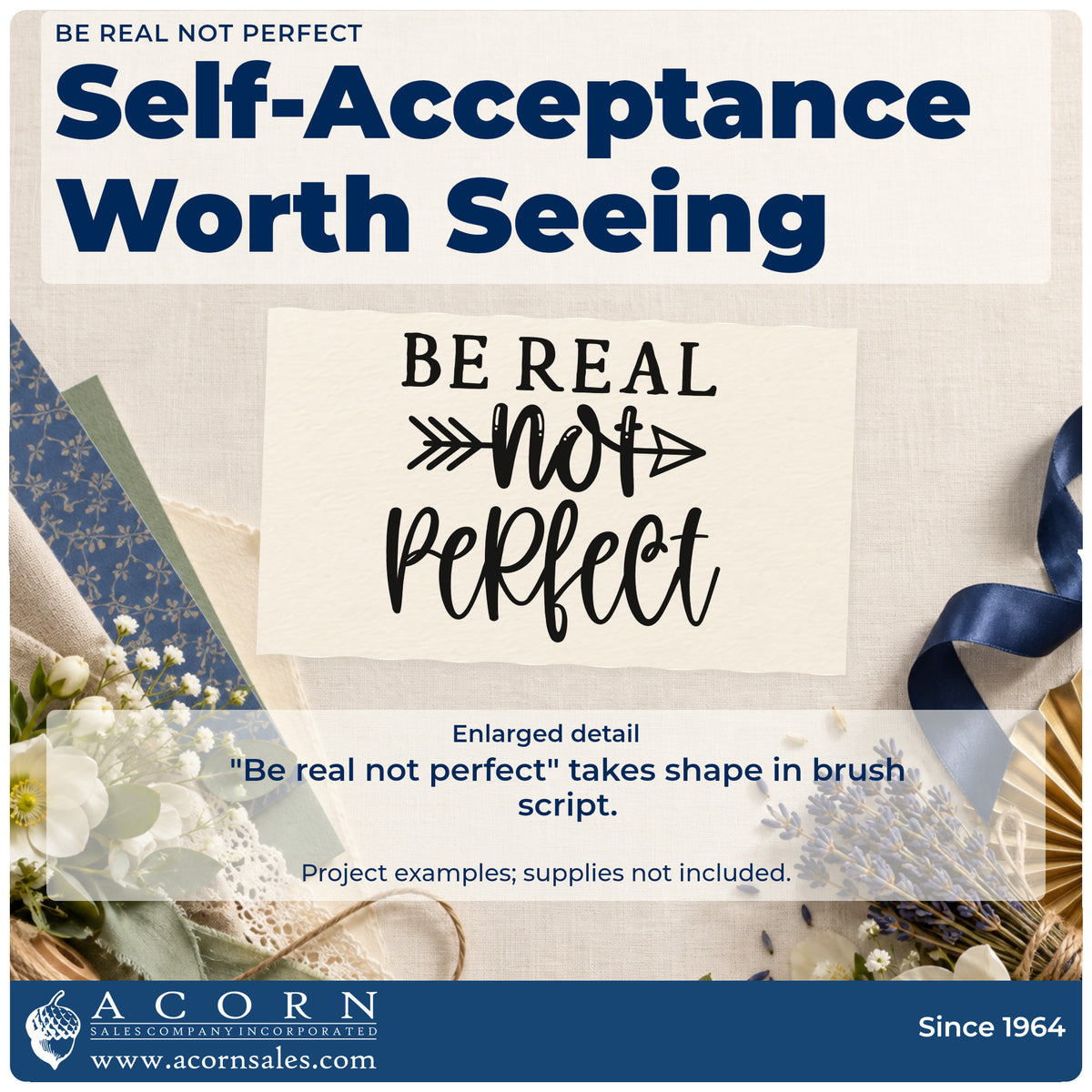 Enlarged detail of the Be Real Not Perfect Arrow Slim Pre-Inked Stamp imprint. The phrase "Be real not perfect" combines serif capitals and brush script with an arrow crossing "not."