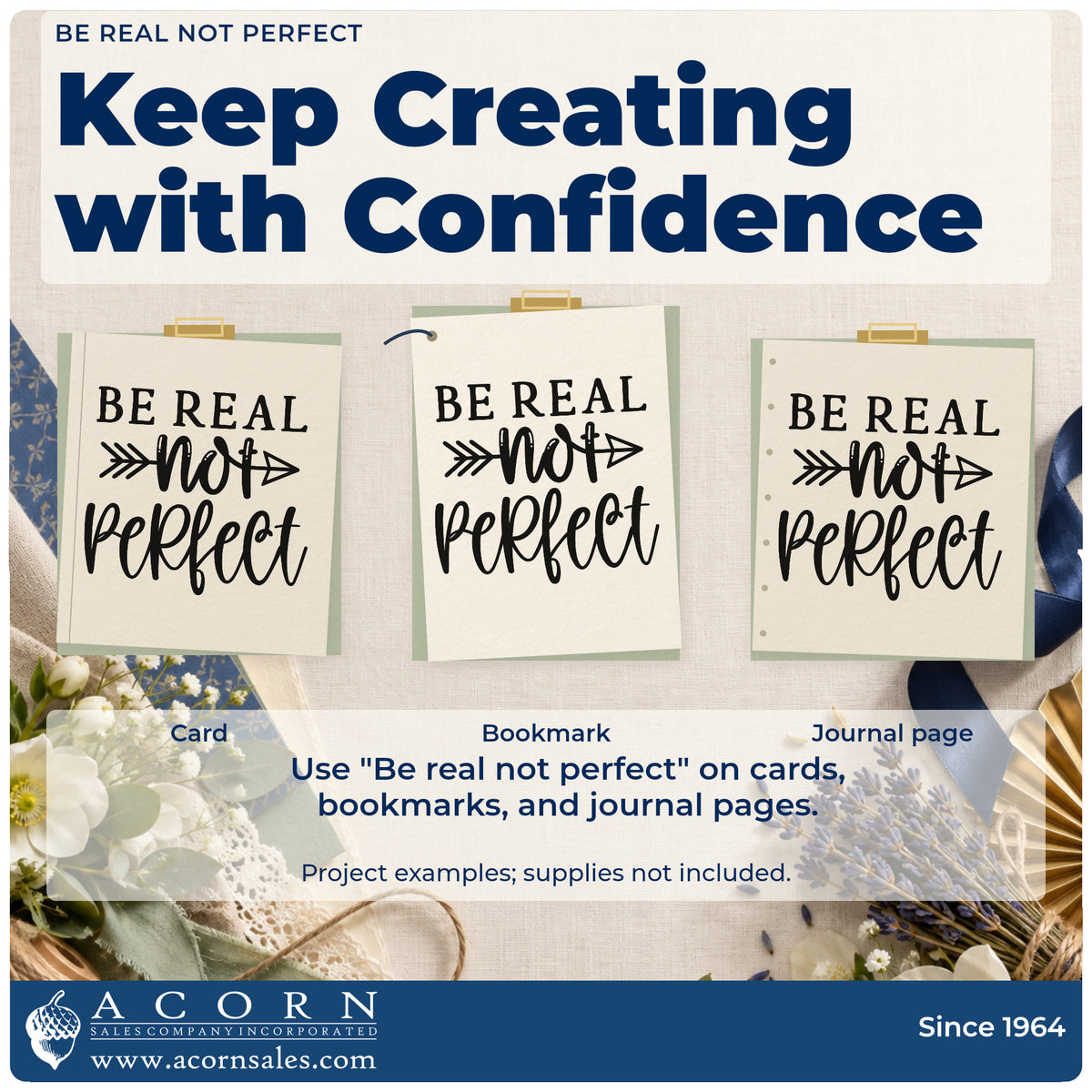 Three project examples made with the Be Real Not Perfect Arrow Stamp – Self-Inking, including try again sheet.