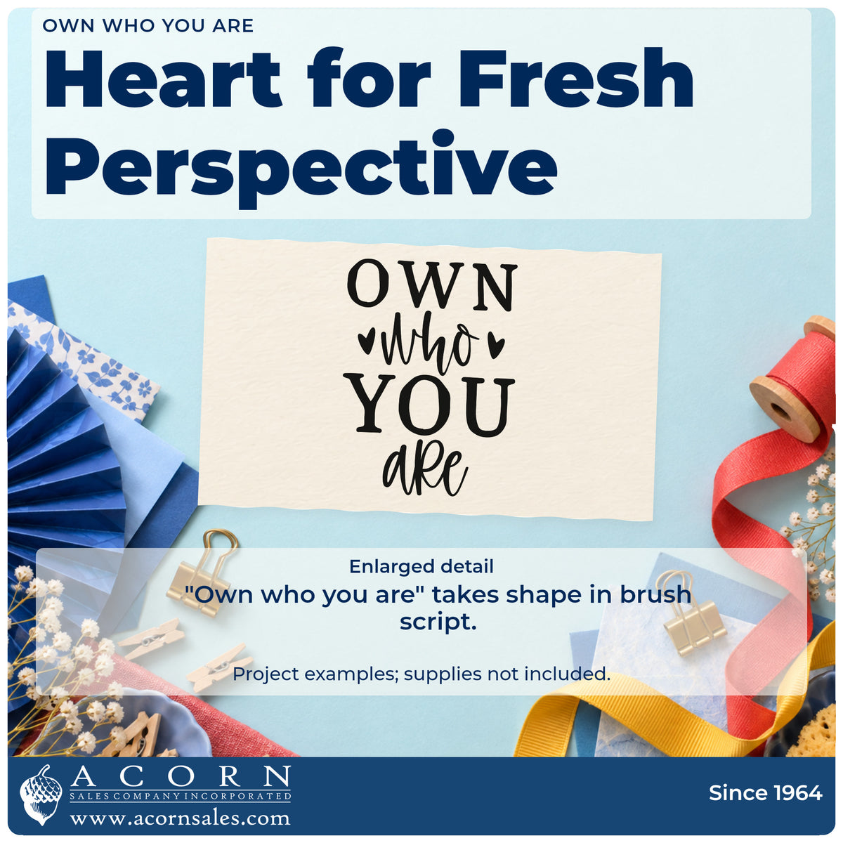 Enlarged detail of the Slim Pre-Inked Own Who You Are Stamp imprint. The words "Own who you are" alternate large serif capitals and brush script with small hearts.