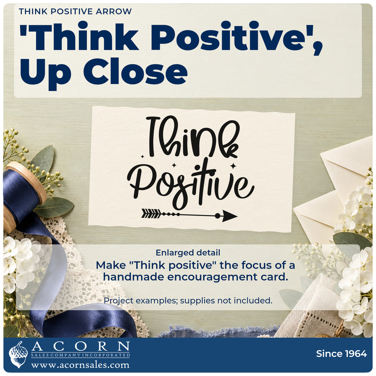 Enlarged detail of the Think Positive Arrow And Sparkles Rubber Stamp – Wood Handle imprint. The words "Think positive" appear with small sparkles and a right-pointing arrow with dot accents.