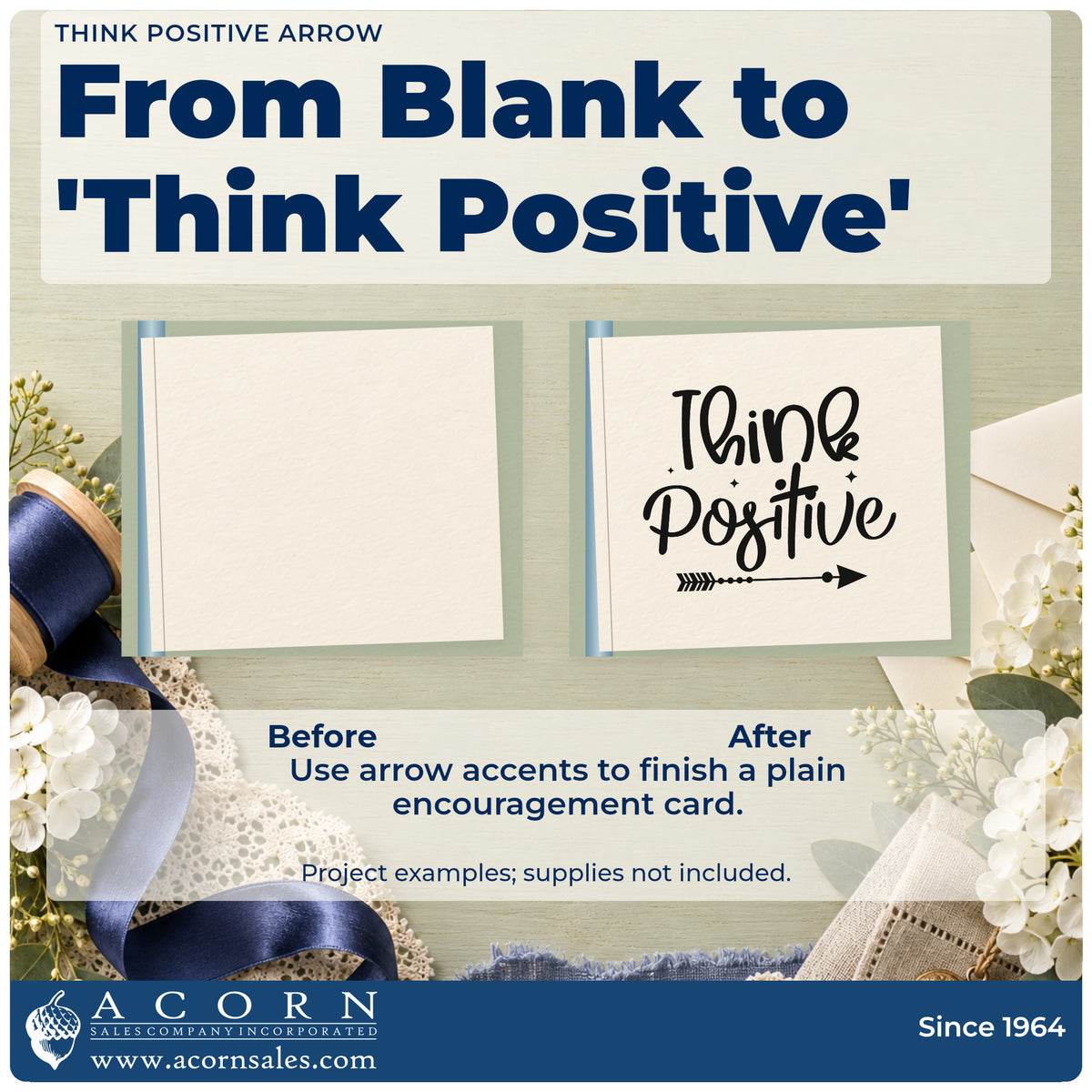 Before and after of a plain item finished with the Think Positive Arrow And Sparkles Pre-Inked Stamp – PSI, a quick upgrade for framed depot board.