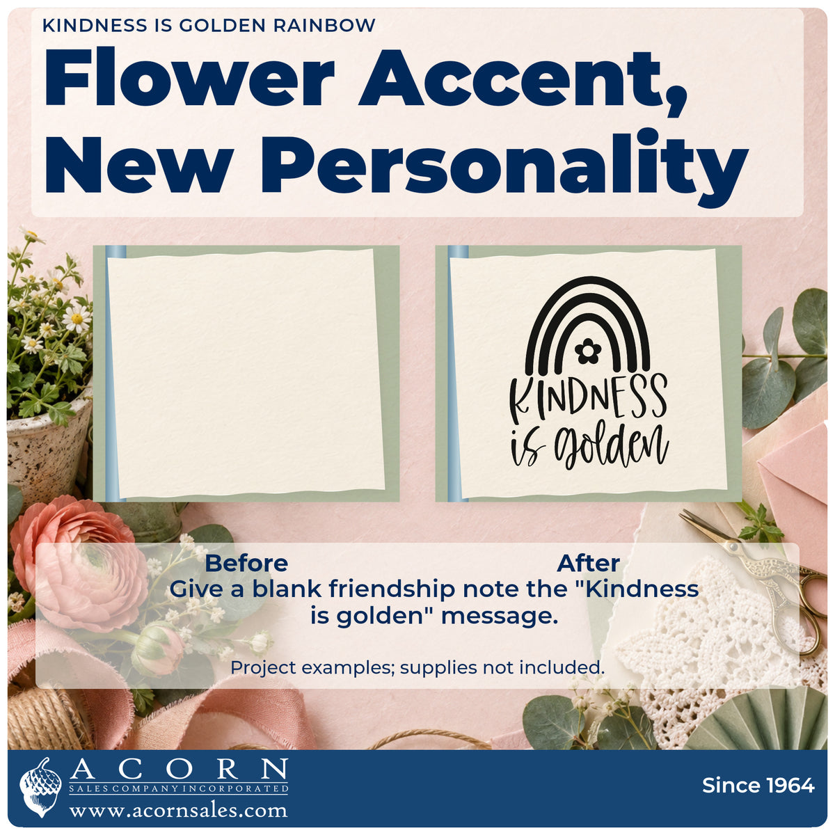 Before and after of a plain item finished with the Kindness Is Golden Rainbow Floral Accents Stamp – Premium Vintage Pro Wooden, a quick upgrade for framed school entry.