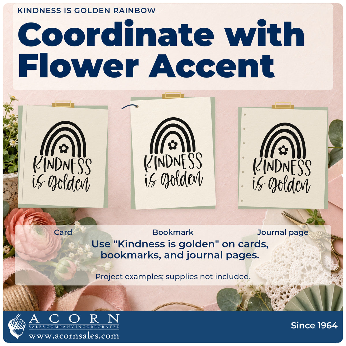 Three project examples made with the Kindness Is Golden Rainbow Floral Accents Stamp – Premium Vintage Pro Wooden, including duty rota sheet.