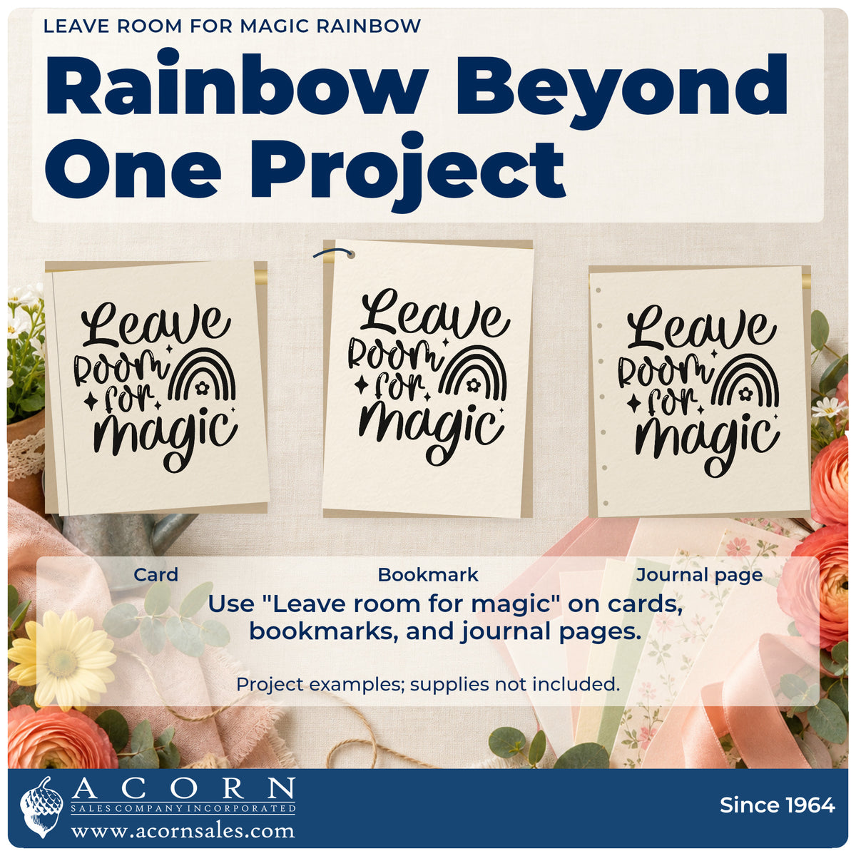 Three project examples made with the Duo Hand Leave Room For Magic Rainbow Rubber Stamp, including build plan sheet.