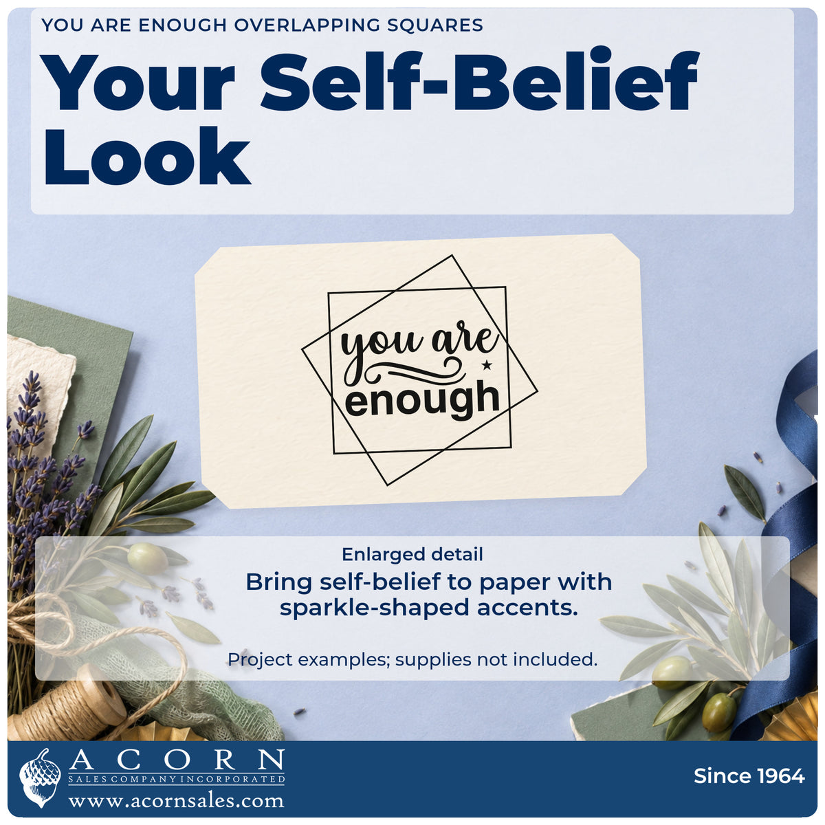 Enlarged detail of the You Are Enough Overlapping Squares With Sparkles Stamp – Slim Pre-Inked imprint. The words "you are enough" appear inside two overlapping square outlines with a small sparkle.