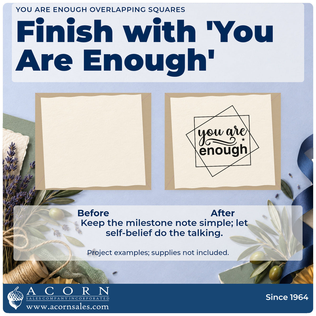 Before and after of a plain item finished with the You Are Enough Overlapping Squares With Sparkles Stamp – Self-Inking, a quick upgrade for framed entry nook.