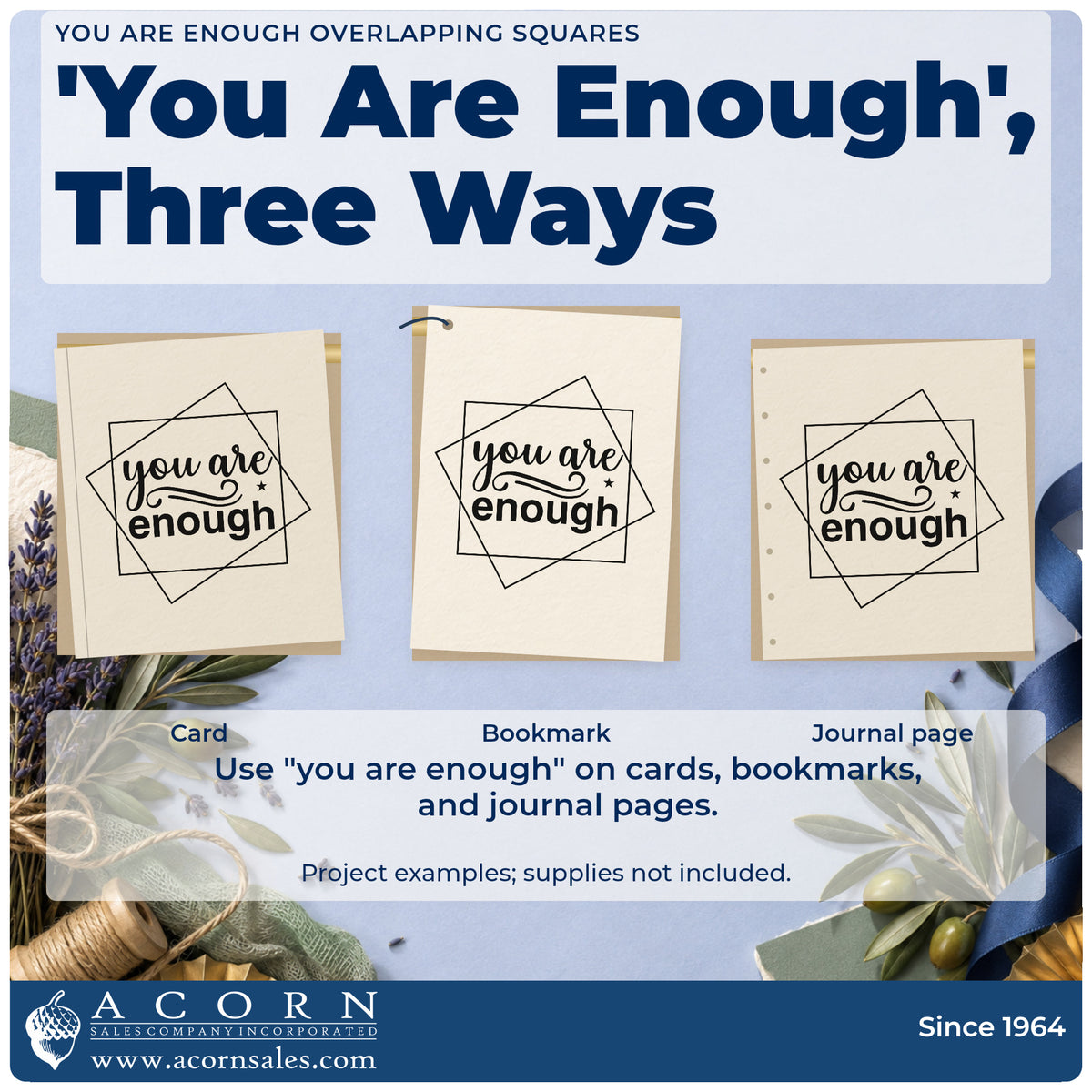 Three project examples made with the You Are Enough Overlapping Squares With Sparkles PSI Pre-Inked Stamp, including setup task sheet.