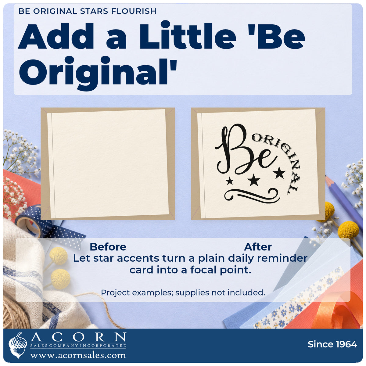 Before and after of a plain item finished with the Be Original Stars Flourish Self-Inking Stamp, a quick upgrade for framed paint desk.
