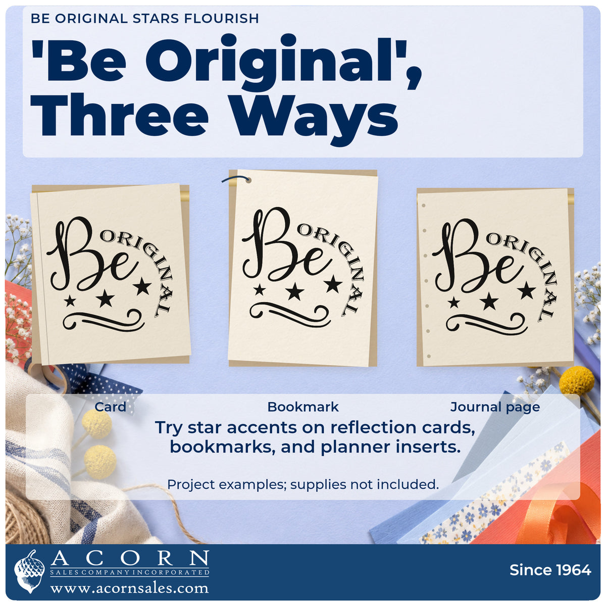 Three project examples made with the Be Original Stars Flourish Rubber Stamp – Duo Hand, including commission log sheet.