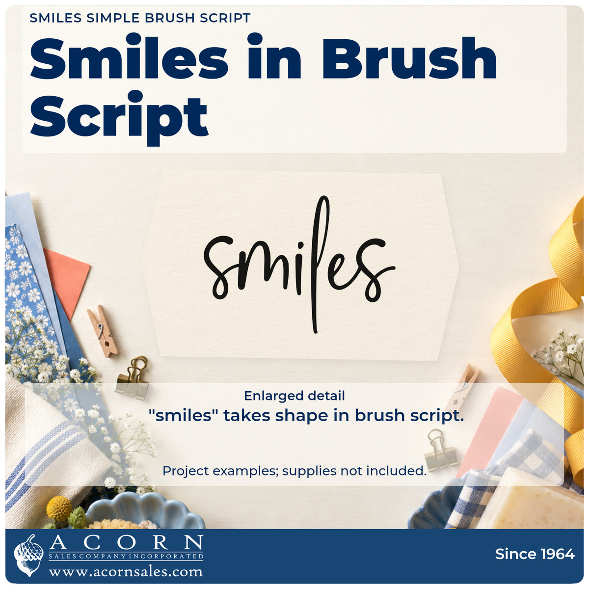 Enlarged detail of the PSI Pre-Inked Smiles Simple Brush Script Lettering Stamp imprint. The word "smiles" appears alone in casual brush script.