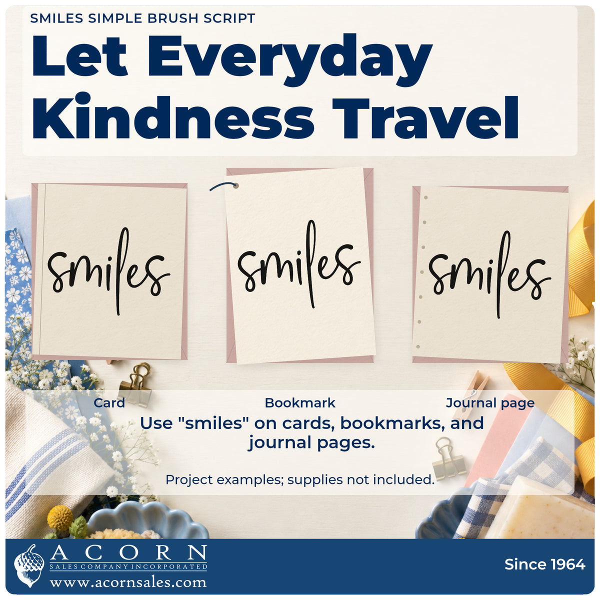 Three project examples made with the Smiles Simple Brush Script Lettering Premium Wooden Stamp – Vintage Pro, including event book sheet.