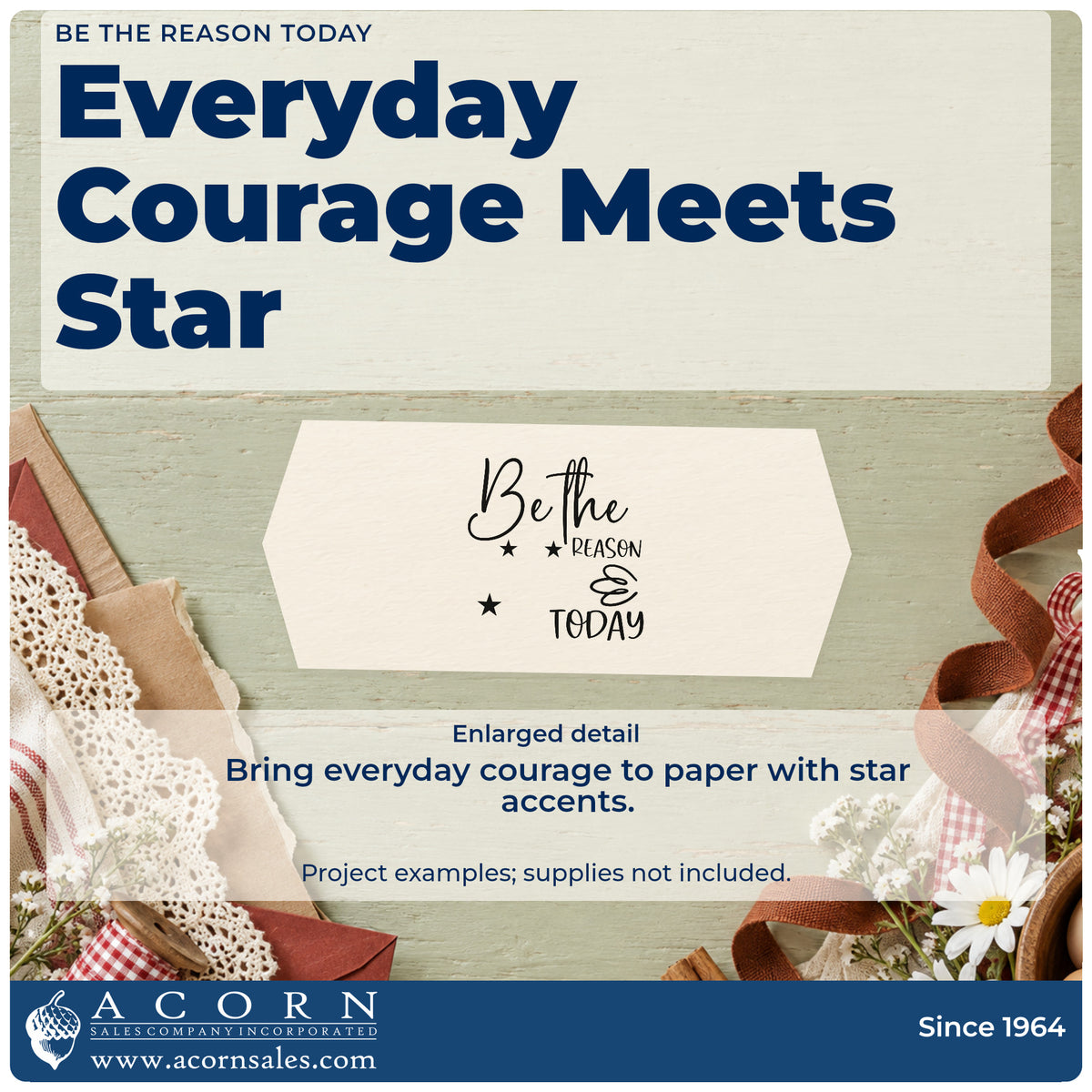 Enlarged detail of the Slim Pre-Inked Be The Reason Today Stamp imprint. The visible words "Be the reason today" appear with three stars and a small looping flourish.