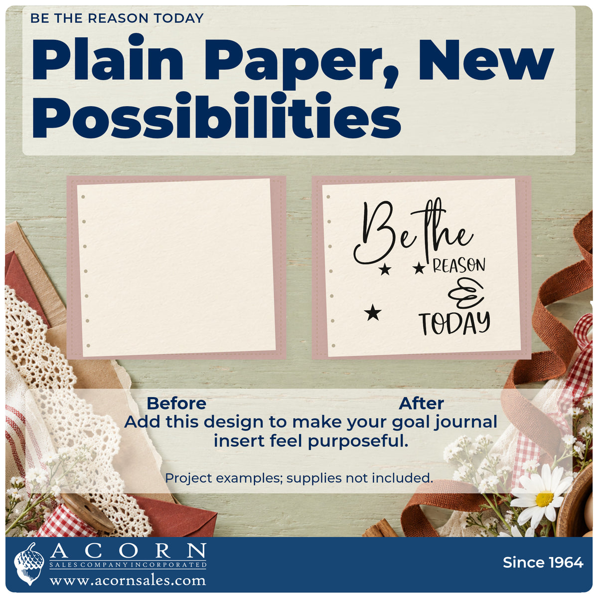 Before and after of a plain item finished with the Slim Pre-Inked Be The Reason Today Stamp, a quick upgrade for framed serving line.