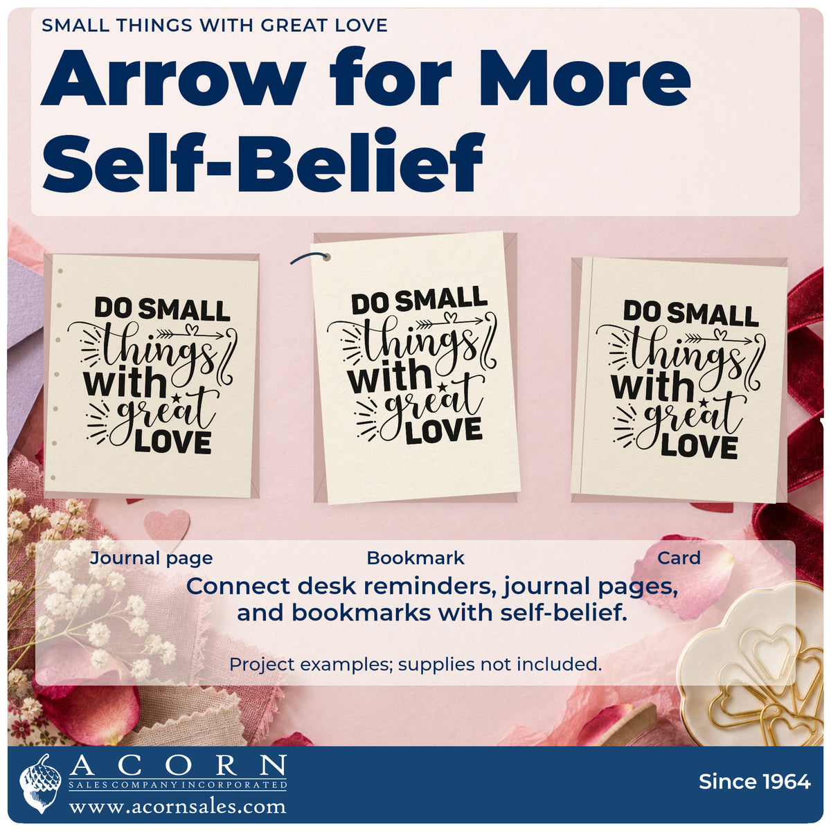 Three project examples made with the Small Things With Great Love Stamp – Self-Inking, including donation count sheet.